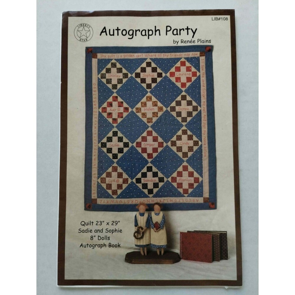 108 Autograph Party Sewing Pattern 23"x29" Quilt, two 8" Doll & Autograph Book